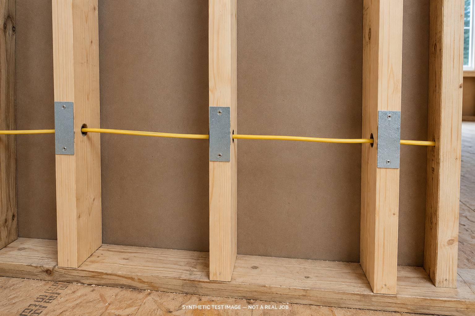 Synthetic framing wall showing three cable crossings with visible protection plates